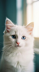 Close-up of white kitten with blue eyes, soft fur texture, innocent expression, symbolizing purity, gentleness, and pet love