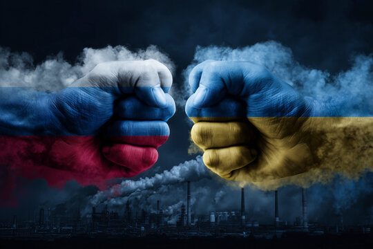 Two hands are clenched in a fist, with a Ukraine and russia flag in the middle