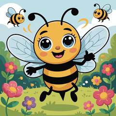 Cute cartoon bee flying happily among colorful flowers in a meadow