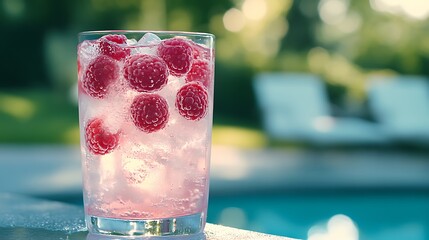 A cold raspberry lemonade, with fresh raspberries and ice, with a summer garden backdrop and empty space for text