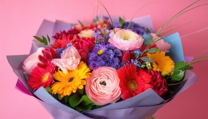  A bouquet of flowers on a pink background. Bouquet of multicolored flowers 