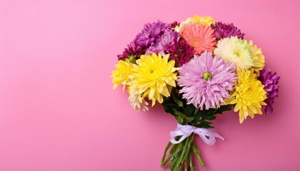  A bouquet of flowers on a pink background. Bouquet of multicolored flowers 