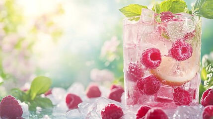 A cold raspberry lemonade, with fresh raspberries and ice, with a summer garden backdrop and empty space for text