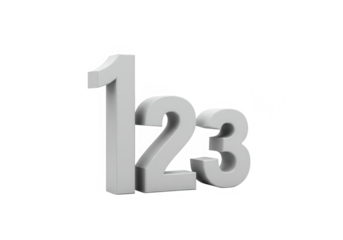 The numbers one, two, and three stand side by side in a clean, white setting isolated on transparent background