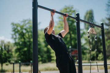 A man engaging in fitness activities, performing a pull-up on outdoor gym equipment against a...