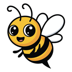 Cute cartoon bee with big eyes flying happily on white background