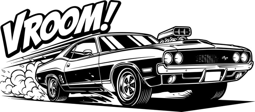 Stylized muscle car speeding with vroom sound effect and tire smoke in black and white illustration editable vector