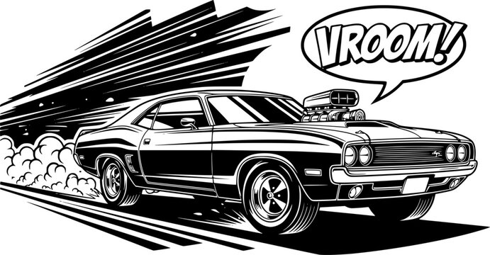 Stylized muscle car speeding with vroom sound effect and tire smoke in black and white illustration editable vector
