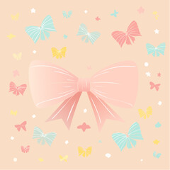 Cute ribbon bow clipart. Coquette and balletcore girly decoration. Hand drawn silk tape accessory. Vintage fashion element in pastel color. Vector drawing