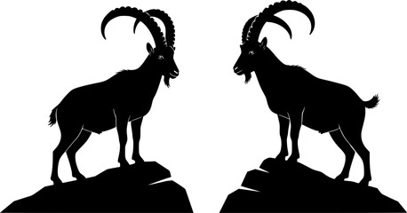 Two ibex silhouettes one standing on a rock the other on the ground in a black and white illustration editable vector