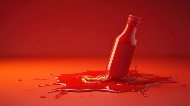 Spilled bottle of ketchup with a splash on red background.