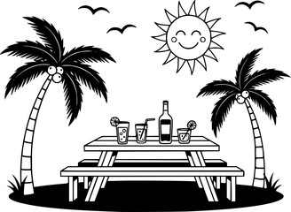 Obraz premium Illustration of a picnic table with drinks under a smiling sun and palm trees with flying birds in black and white editable vector