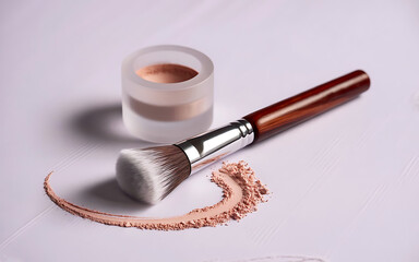 Elegant Makeup Brush and Powder. Elegant Makeup Brush and Powder in a Studio Setting. A high-quality studio shot showcasing a makeup brush and a container of light beige powder.