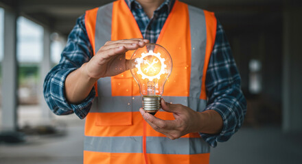 Engineer Holding Glowing Light Bulb with Gear and Tools Icon – Innovation and Maintenance Concept in Construction