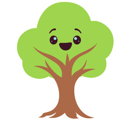 Cute smiling green tree vector with cheerful face, suitable for children’s content, environment, and eco illustrations.