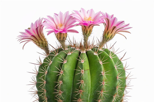 Vibrant illustration of blooming cactus with large pink artwork captures delicate petals and sp and green pads, showcasing beauty of desert flora. detailed iky texture, evoking sense