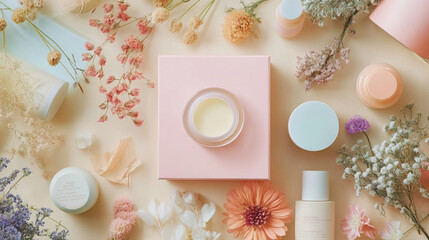 A custom branded skincare product box with pastel colors and dried flowers around
