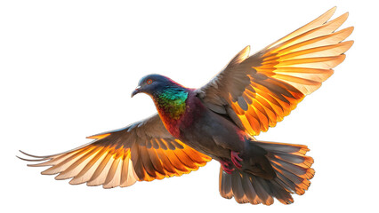 Fototapeta premium Photorealistic digital artwork of a multicolored pigeon with illuminated wings in flight isolated on a transparent background