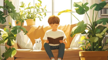 Boy reading book on couch with cat and plants. (1)