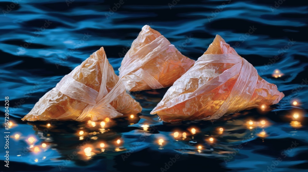 Poster three leaf-wrapped triangles float on water, surrounded by glowing lights, creating a serene and mys