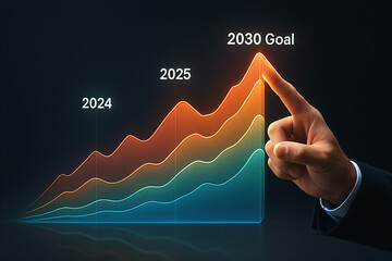 Business Hand Pointing at Transparent Screen with Multi-Layered Animated Growth Charts