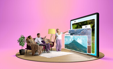 Family sits at home browsing vacation destination options like sea, forest, and mountains on large...