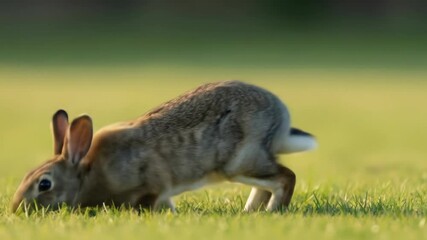 Alert brown Rabbit on green grass, outdoors, a beautiful nature scene.