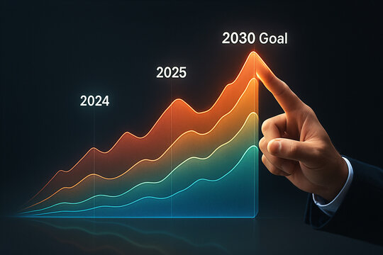 Business Hand Pointing at Transparent Screen with Multi-Layered Animated Growth Charts