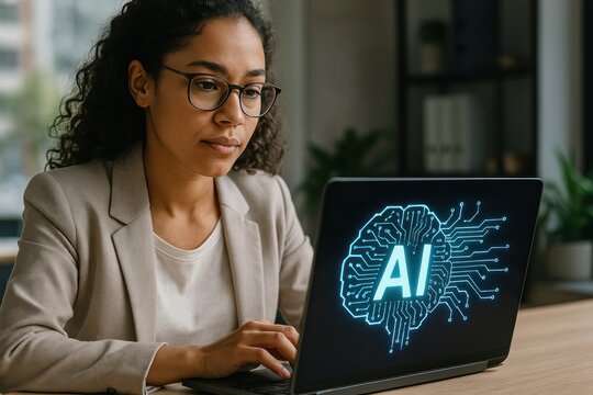 Focused woman using AI technology.