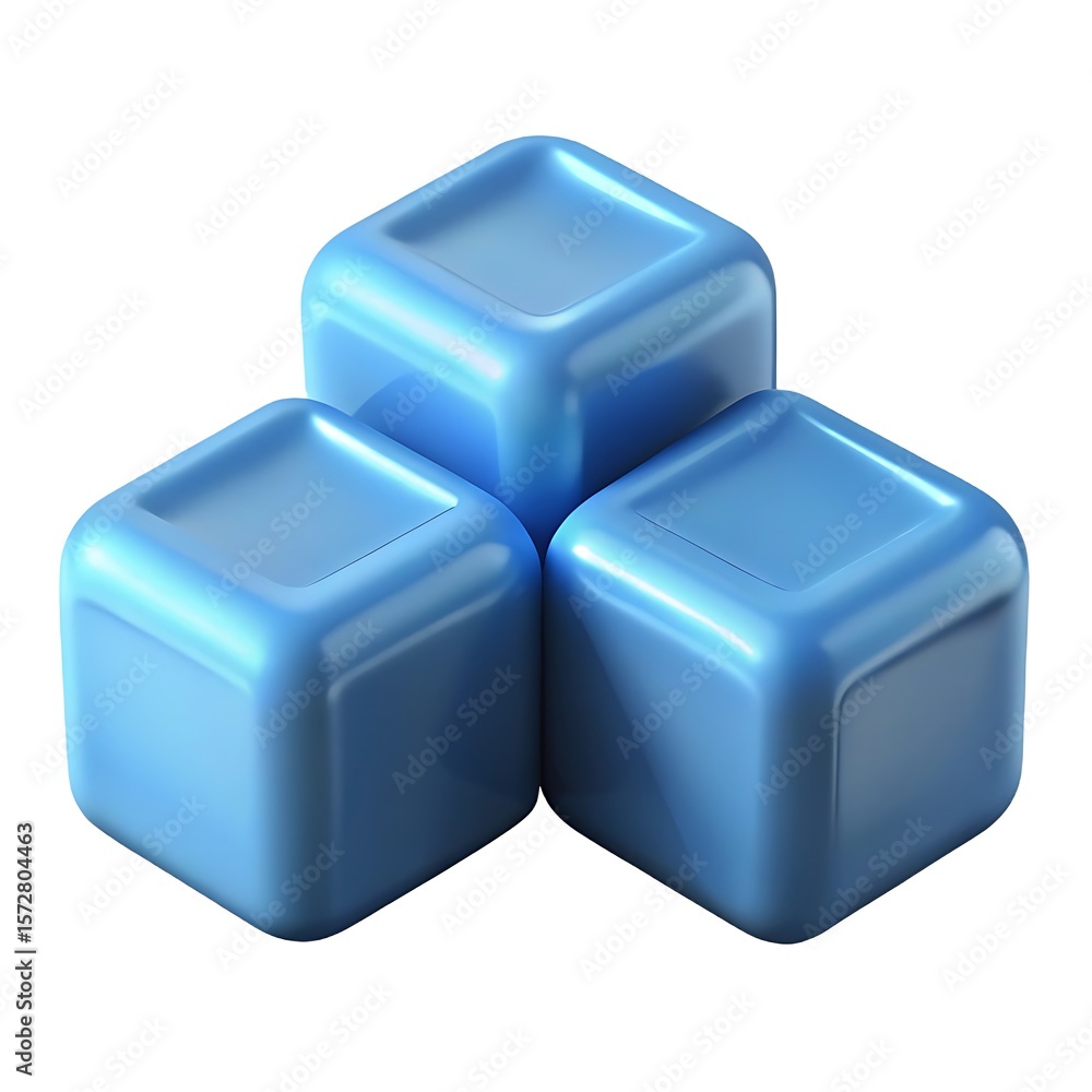 Poster three shiny blue rounded cubes arranged in a triangular formation on a white background
