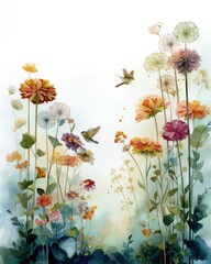 Watercolor Painting Of A Colorful Flower Field With Birds In Flight And Green Foliage Against A White And Blue Background