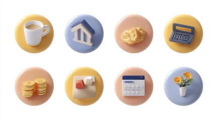 Eight colorful circular icons showcasing coffee, house, bread, calculator, coins, sugar cubes, laptop, and flowers on pastel backgrounds.