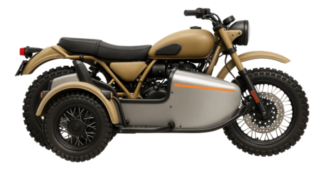 Off-road motorcycle with rugged sidecar and knobby tires