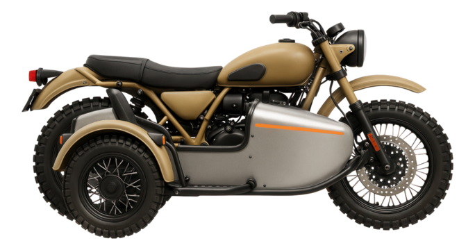 Off-road motorcycle with rugged sidecar and knobby tires