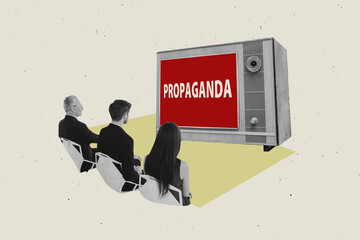Collage trend artwork sketch poster of young man lady sit retro tv tuner propaganda press...