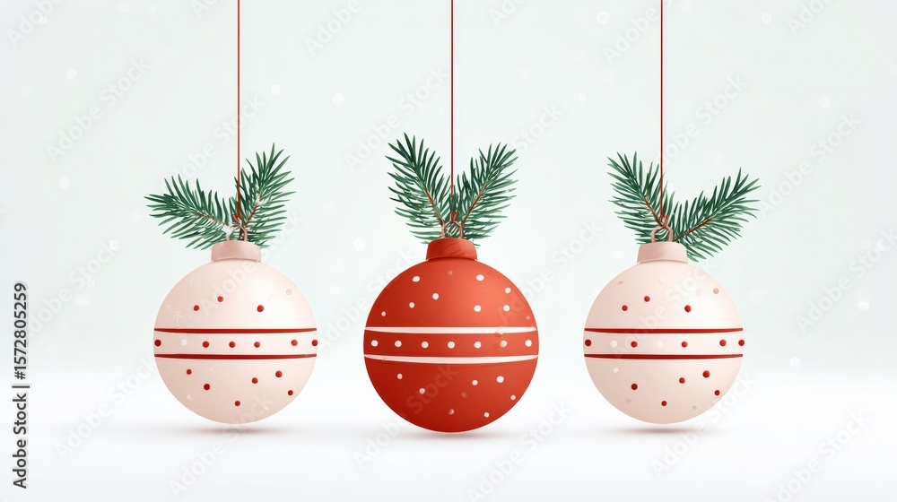 Poster three red and gold christmas ornaments hanging on a string with green pine branches in soft daylight