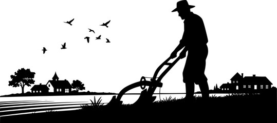 Silhouette of a farmer tilling the land with family near a tree in a rural landscape setting scene