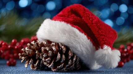 Red and white Santa hat placed on a pine cone with a white background, isolated holiday decoration.
