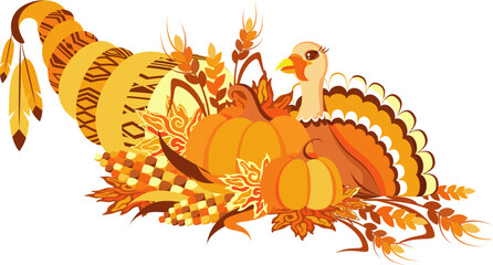 Thanksgiving day decoration element. Cornucopia with turkey, corn, fall leaves, pumpkins and wheat