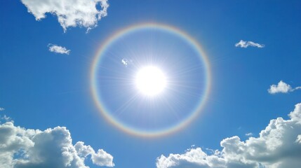Sun halo with bright light and clouds in a blue sky.