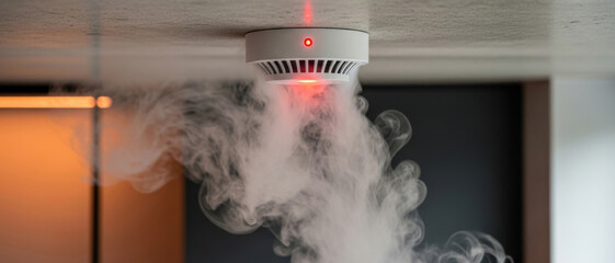 Fire alarm smoke sensor glowing red on ceiling activated by raising fumes, early detection system modern home interior, safety house emergency prevention technology. Fire Safety Day, insurance claim