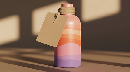 Stylish, colorful bottle with a blank label, perfect for product presentation. A digitally rendered, vibrant bottle with a warm, muted palette of peach, orange, and lavender hues.