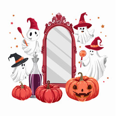 Set of trendy halloween elements in pink and dark red colors. Coquette style cute ghosts, vintage mirror, witch hat, pumpkins with bows, potion bottles. Victorian gothic clipart. Vector ...