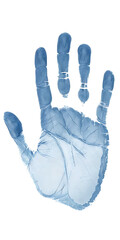Detailed Light Blue Handprint Against White Background. A high-quality, detailed image of a light blue handprint isolated against a pure white background.