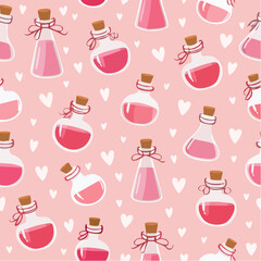 Seamless vector pattern with cute glass potion bottles with bows and ribbons. Coquette style magic love elixirs on pink background. Witchcraft and alchemy wallpaper, wrapping paper, ...