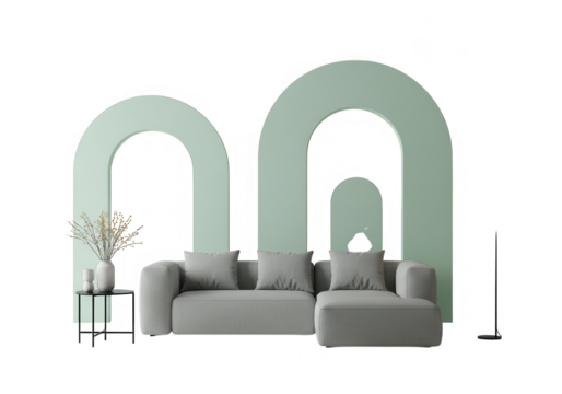 A modern interior scene with a gray sofa, plants, arches, and minimalist decor isolated on transparent background