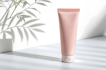 Elegant Pink Cosmetic Tube with Natural Shadow. A light pink tube of cosmetic product sits on a white surface, with shadows cast by natural foliage.