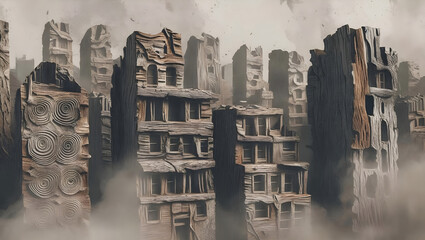 Ruined wooden buildings in a misty post apocalyptic city postapocalyptic