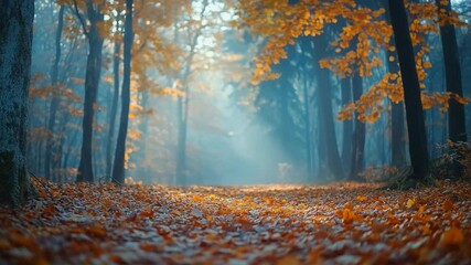 Enchanting autumn forest pathway with golden leaves and sunlit trees - Powered by Adobe