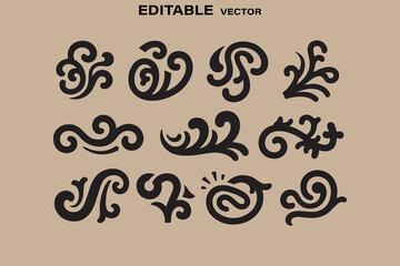 Collection of nine black decorative ornamental swirls and flourishes on a beige background editable vector